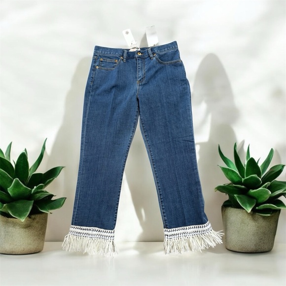 Tory Burch NWT Connor Fringe-trimmed Straight Crop Jeans In Stonewash - Picture 2 of 2